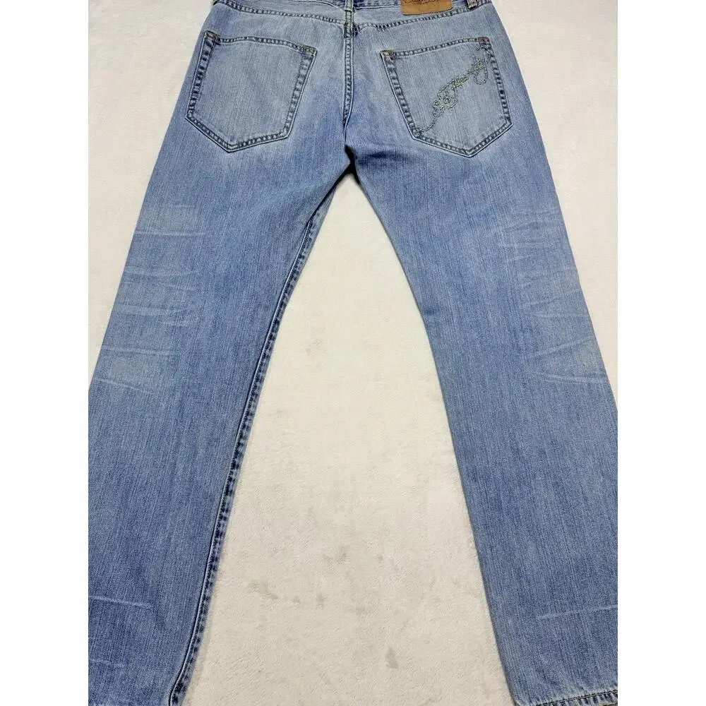 Ed Hardy Mens 33x32 Christian Audigier Embroidered Light Wash Straight Jeans